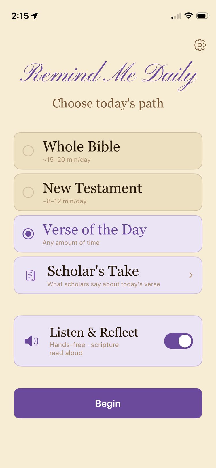 Home screen of Remind Me Daily showing reading paths: Whole Bible, New Testament, and Verse of the Day, with a hands-free Listen & Reflect toggle.