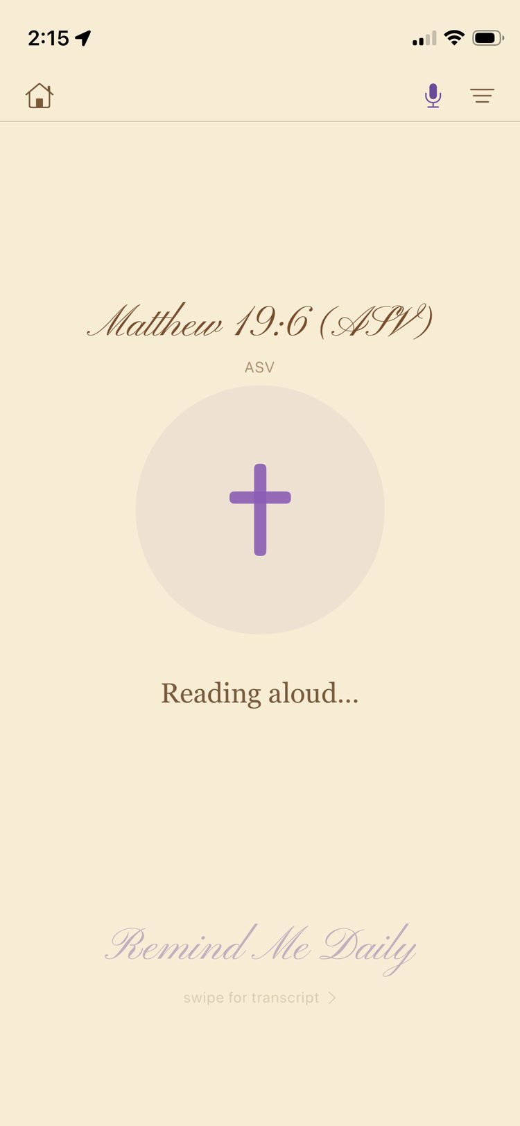 Reading screen showing the reference Matthew 19:6 with a cross and the words Reading aloud.