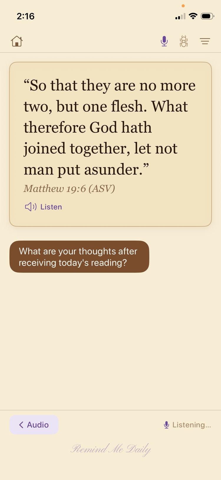 Reflection screen showing the verse text and the companion asking, What are your thoughts after receiving today's reading?